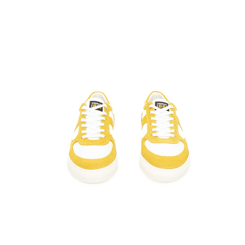Yellow cowhide men's sneakers with white laces and soles, featuring a low-top design