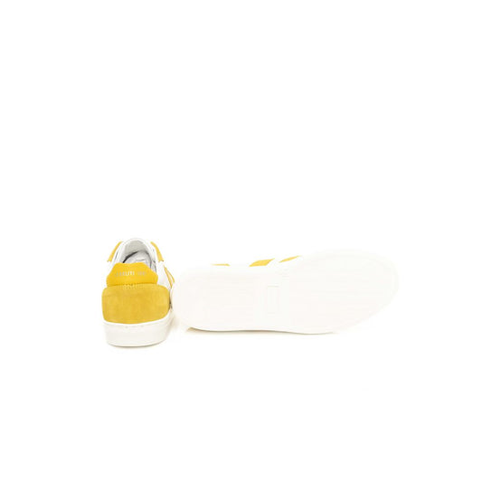 A yellow cowhide men's sneaker with white laces and a white sole