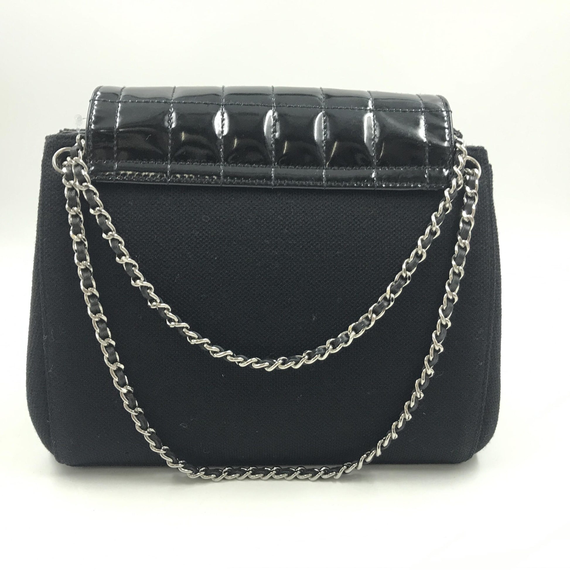 Black clutch purse with silver chain strap