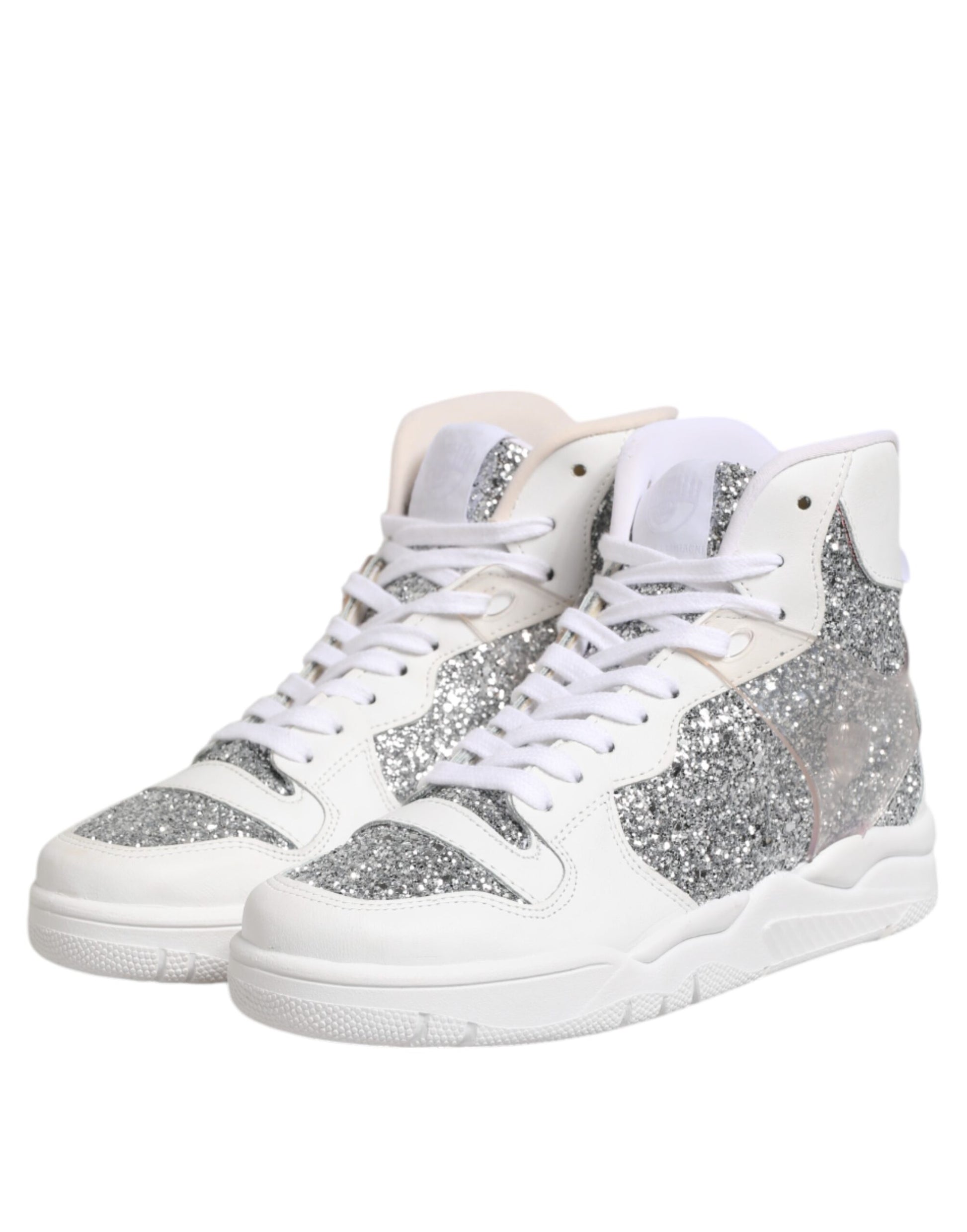 White sneakers with glittery pattern on side panels