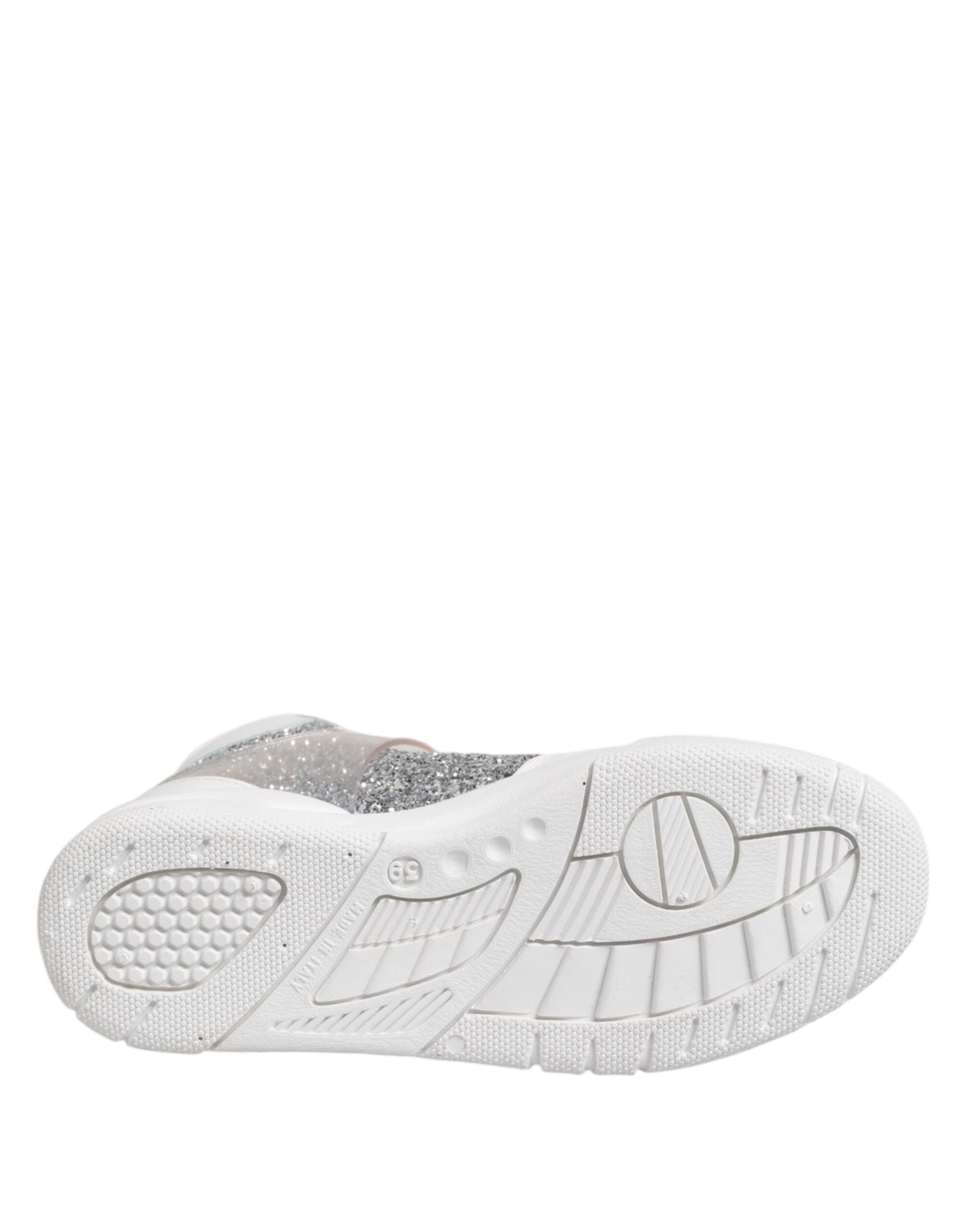 White shoe with silver accents