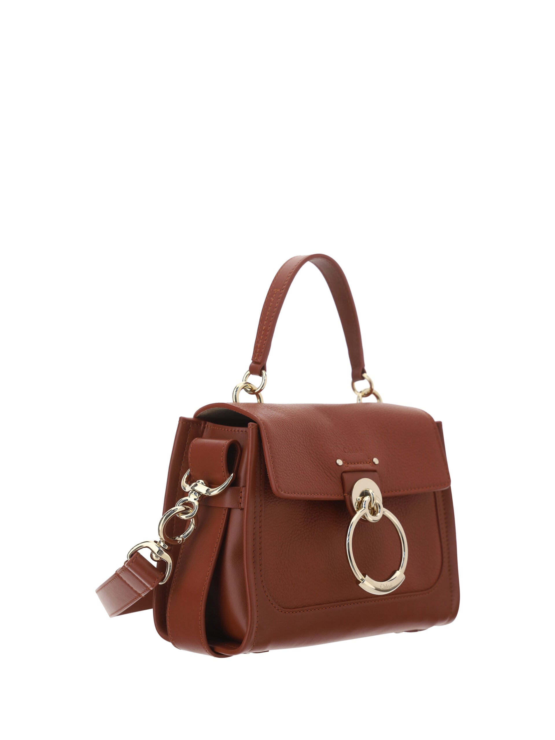 Brown leather handbag with gold hardware