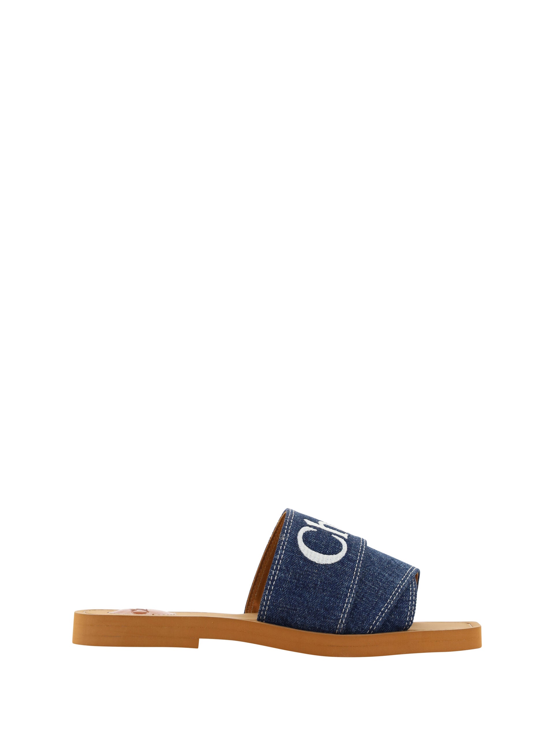 Blue and white sandal with wooden sole