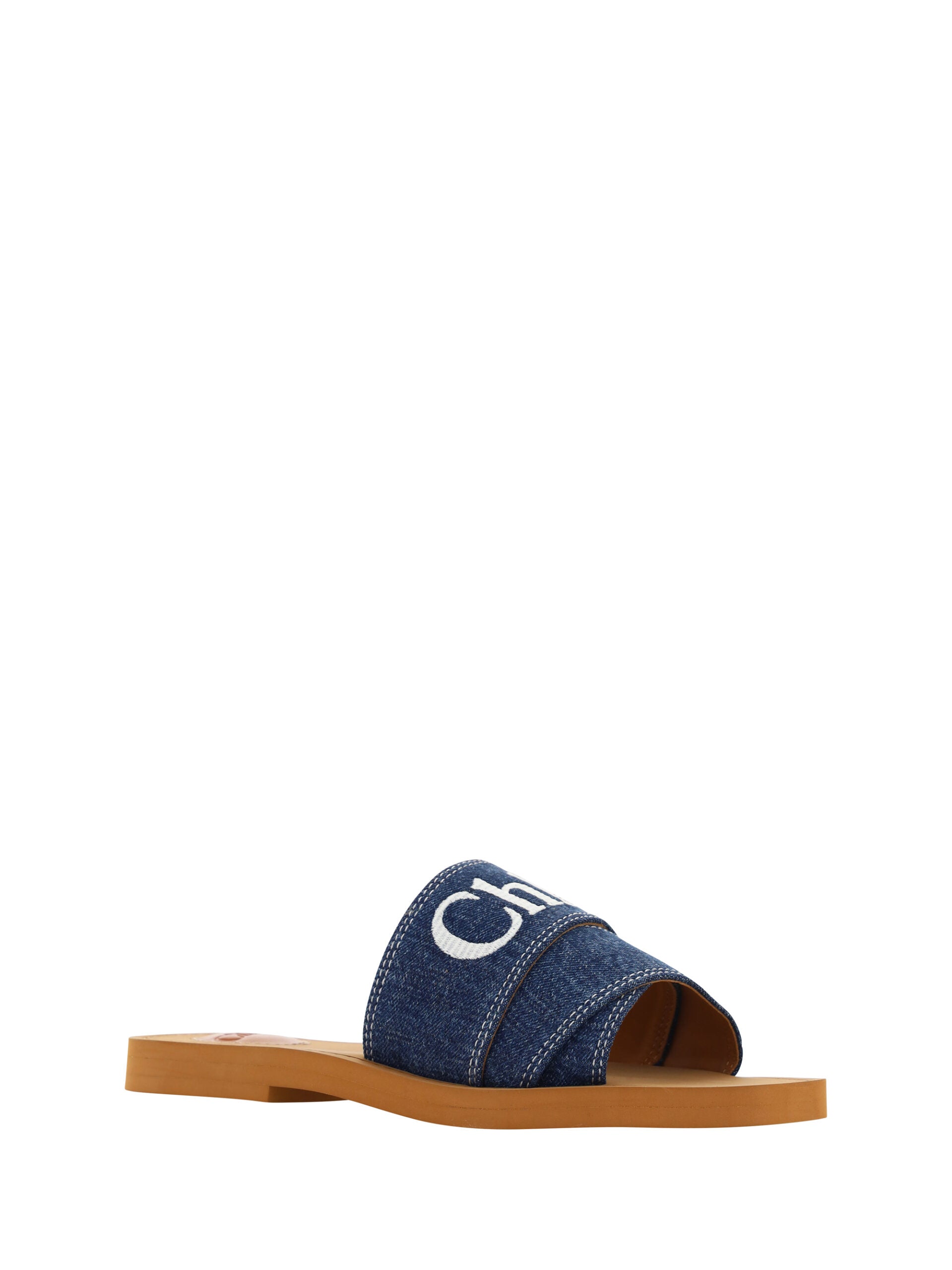 Blue and white sandal with wooden sole