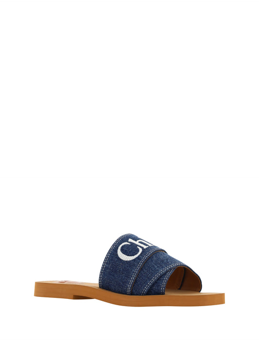 Blue and white sandal with wooden sole