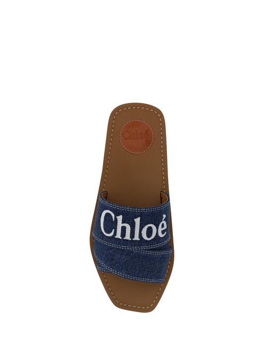 Brown leather sandal with blue strap and white lettering