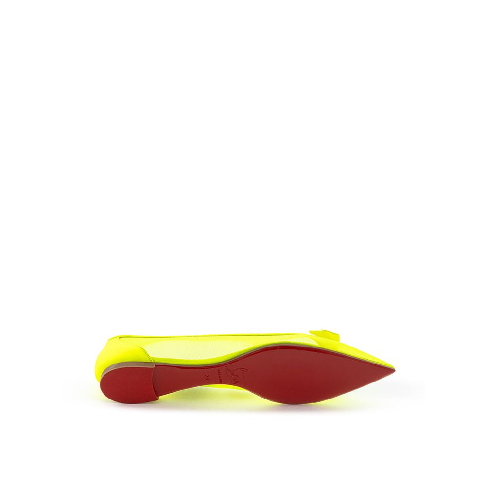 Yellow and red shoe with a curved sole
