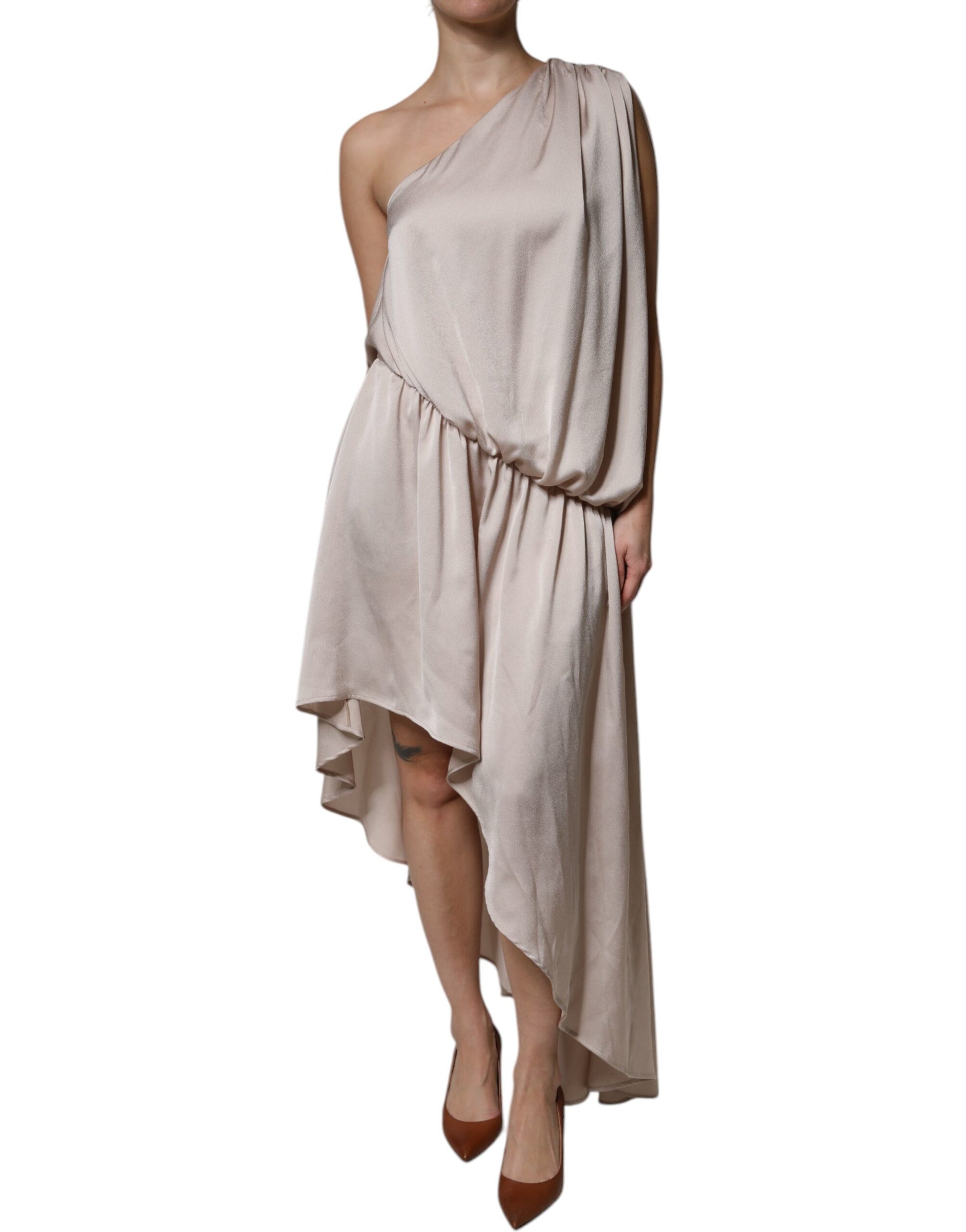 Long beige dress with ruffled sleeves and hem