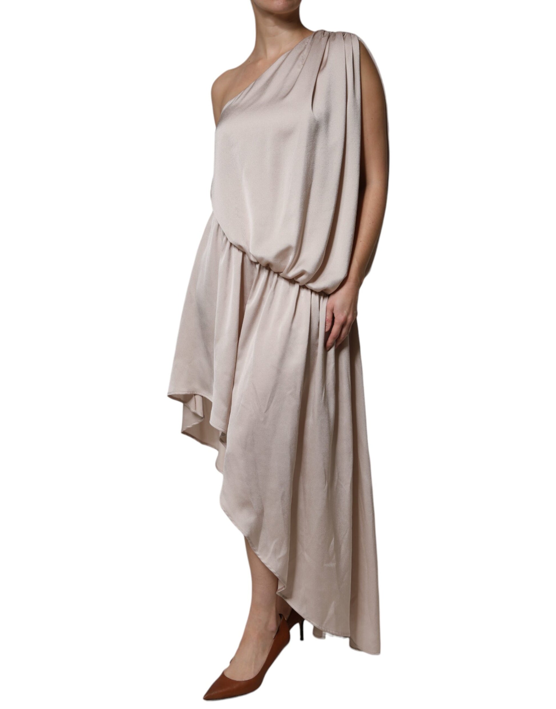 Long beige dress with ruffles on sleeves