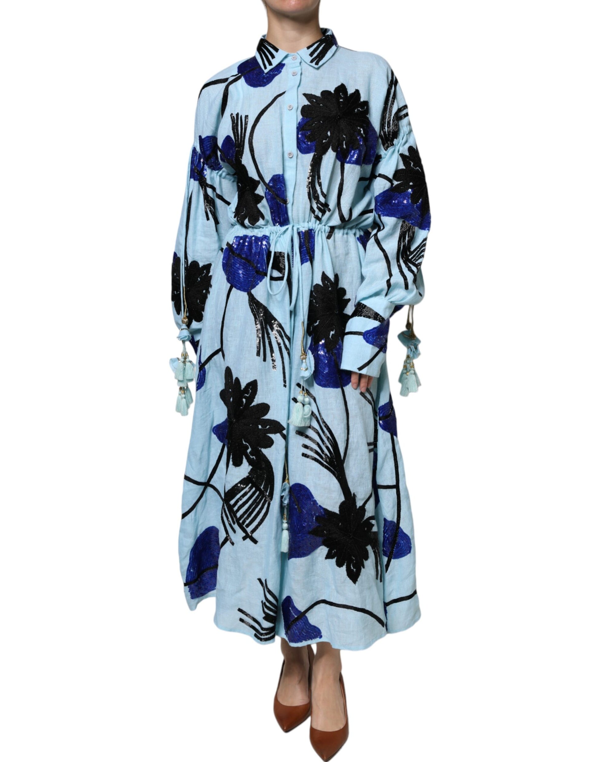 Long sleeve light blue dress with floral embroidery and belt detailing