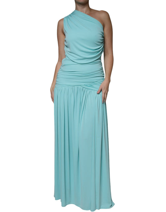 Long blue dress with ruffles on skirt