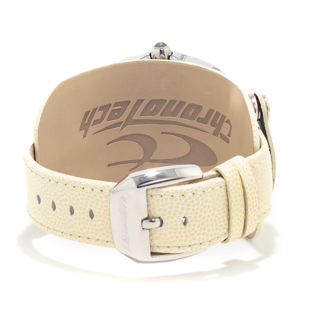 A beige leather watch strap with a silver buckle, featuring the Chronotech logo