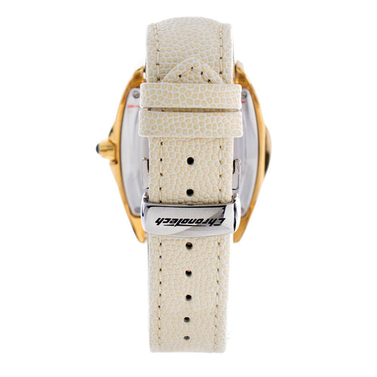 A beige leather watch strap with a buckle, featuring holes for adjustment and a logo on the buckle