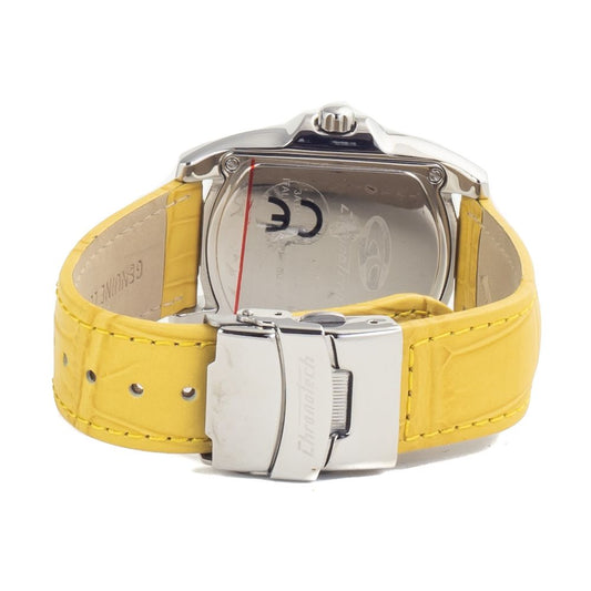 A yellow and silver watch with a bicolor leather strap