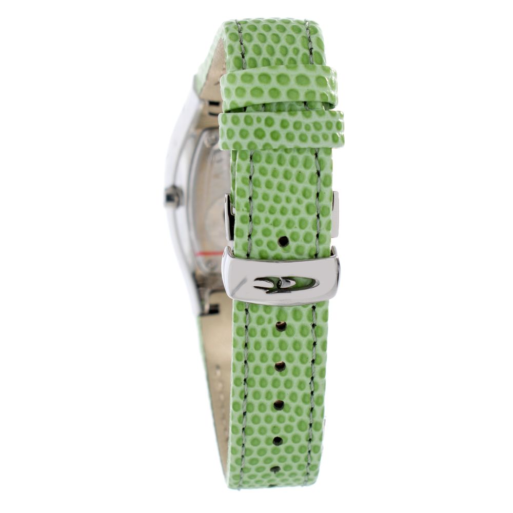 Green and tan leather watch with silver buckle