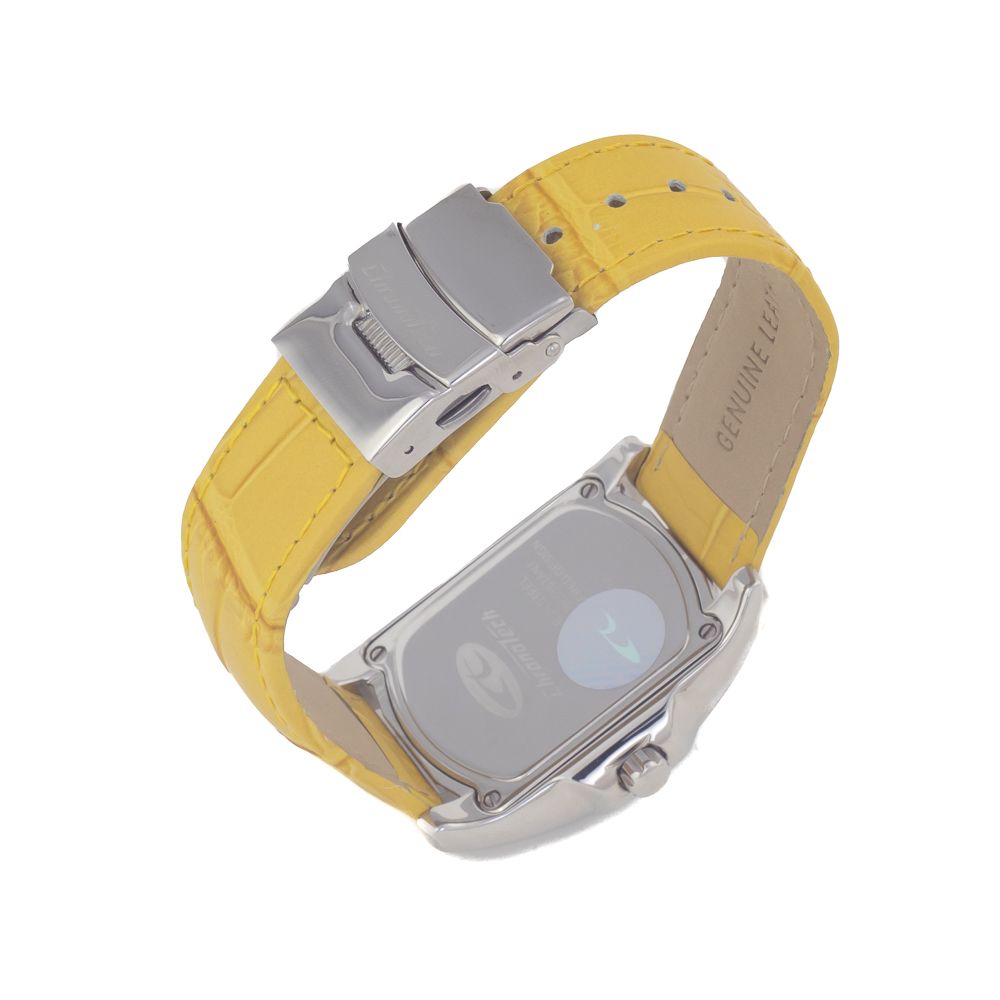 Yellow leather watch with silver buckle and face
