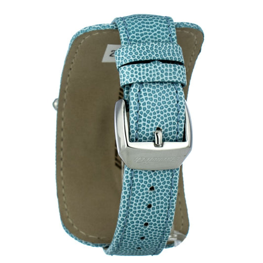 Blue and tan leather watch strap with silver buckle