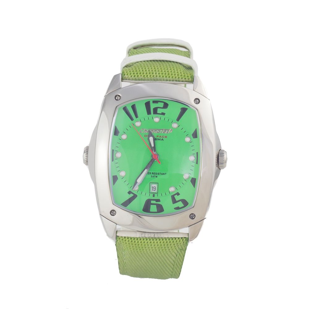 Green and silver watch with black numbers and hands