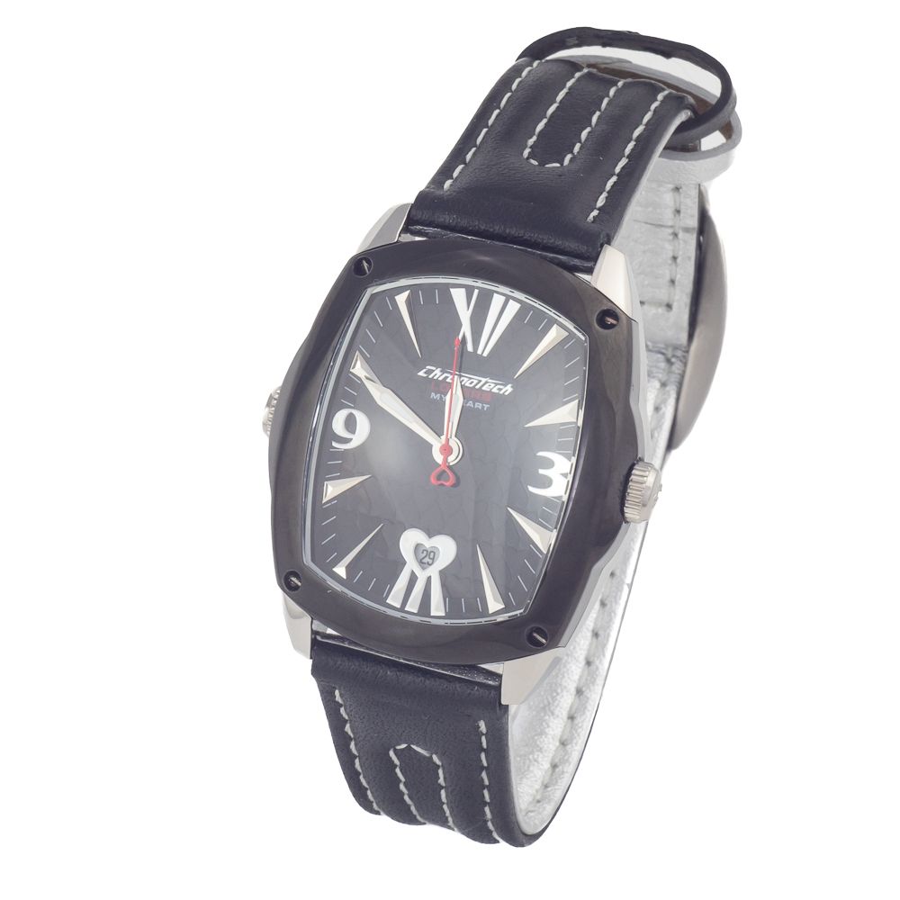 A black leather watch with a silver face featuring roman numerals, hands indicating the time, and a heart-shaped logo on the