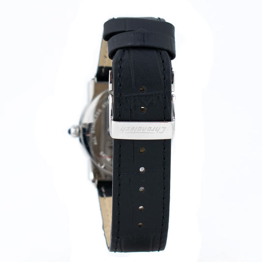 A black leather watch strap with silver buckle
