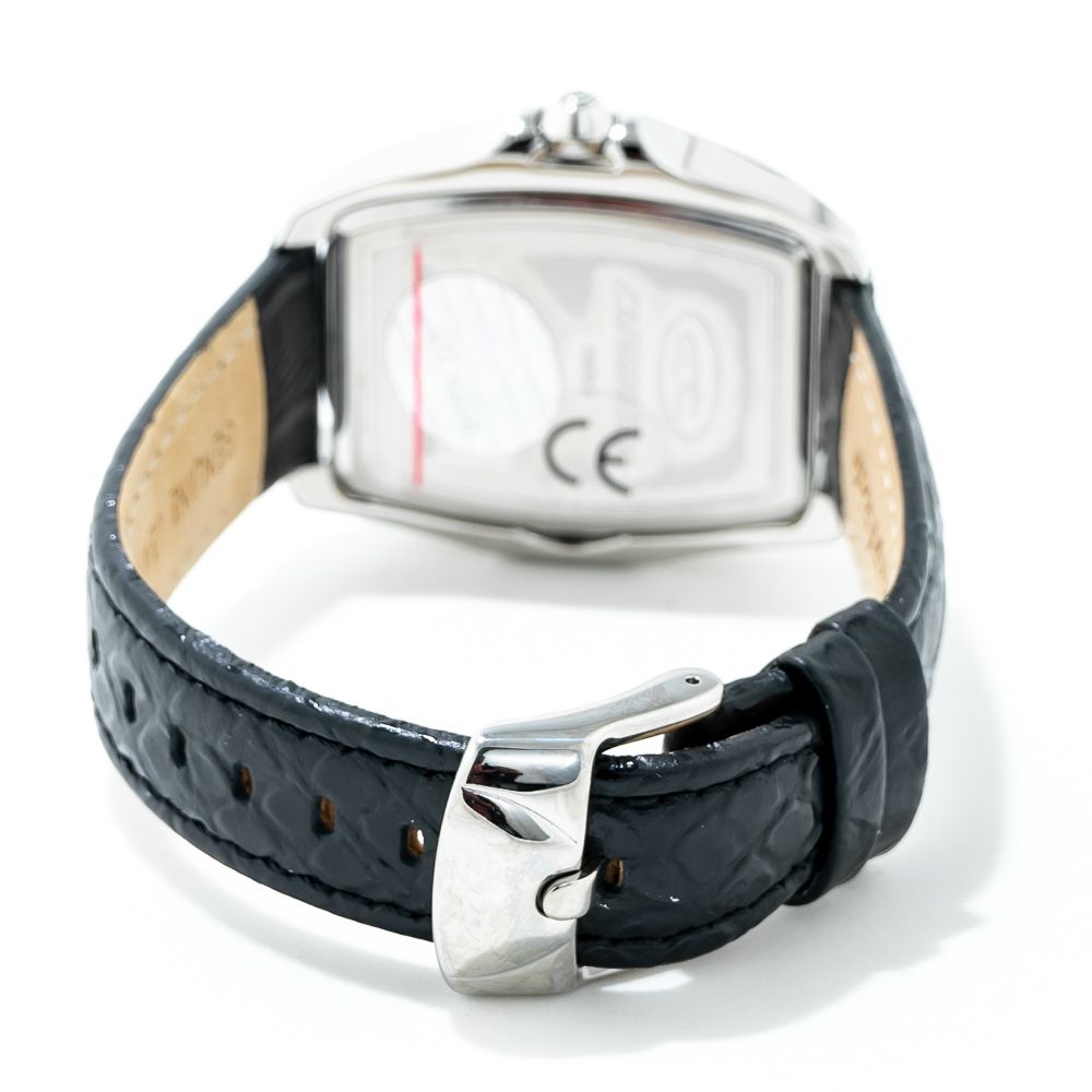 A black leather watch strap with a silver buckle