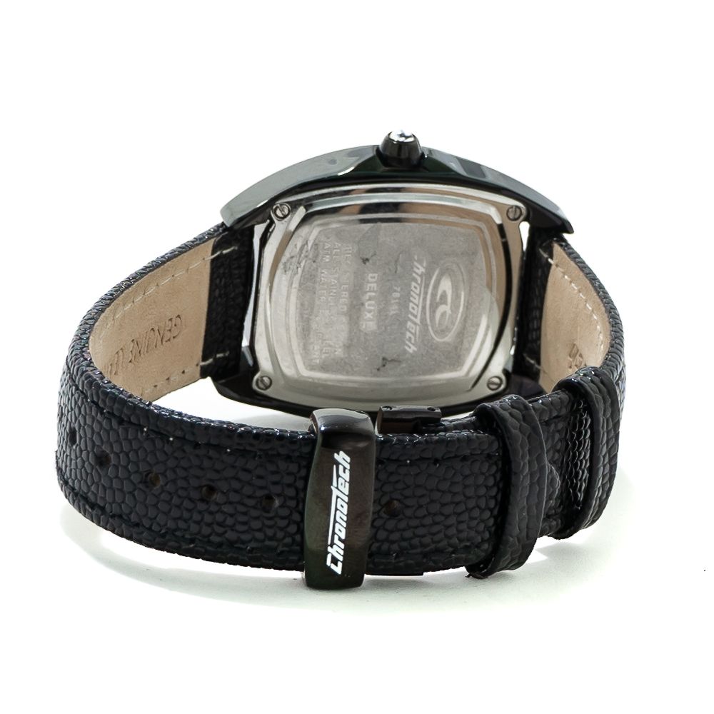 A black leather watch with a silver face and white markings