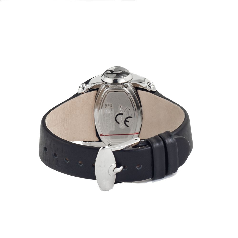 A black leather watch with a silver face and a brown strap