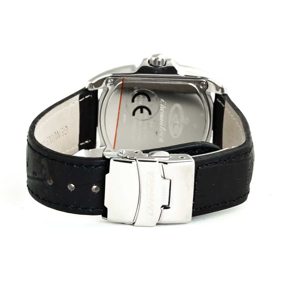 A black leather watch with silver accents and a red second hand