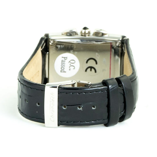 A black leather watch with a silver buckle