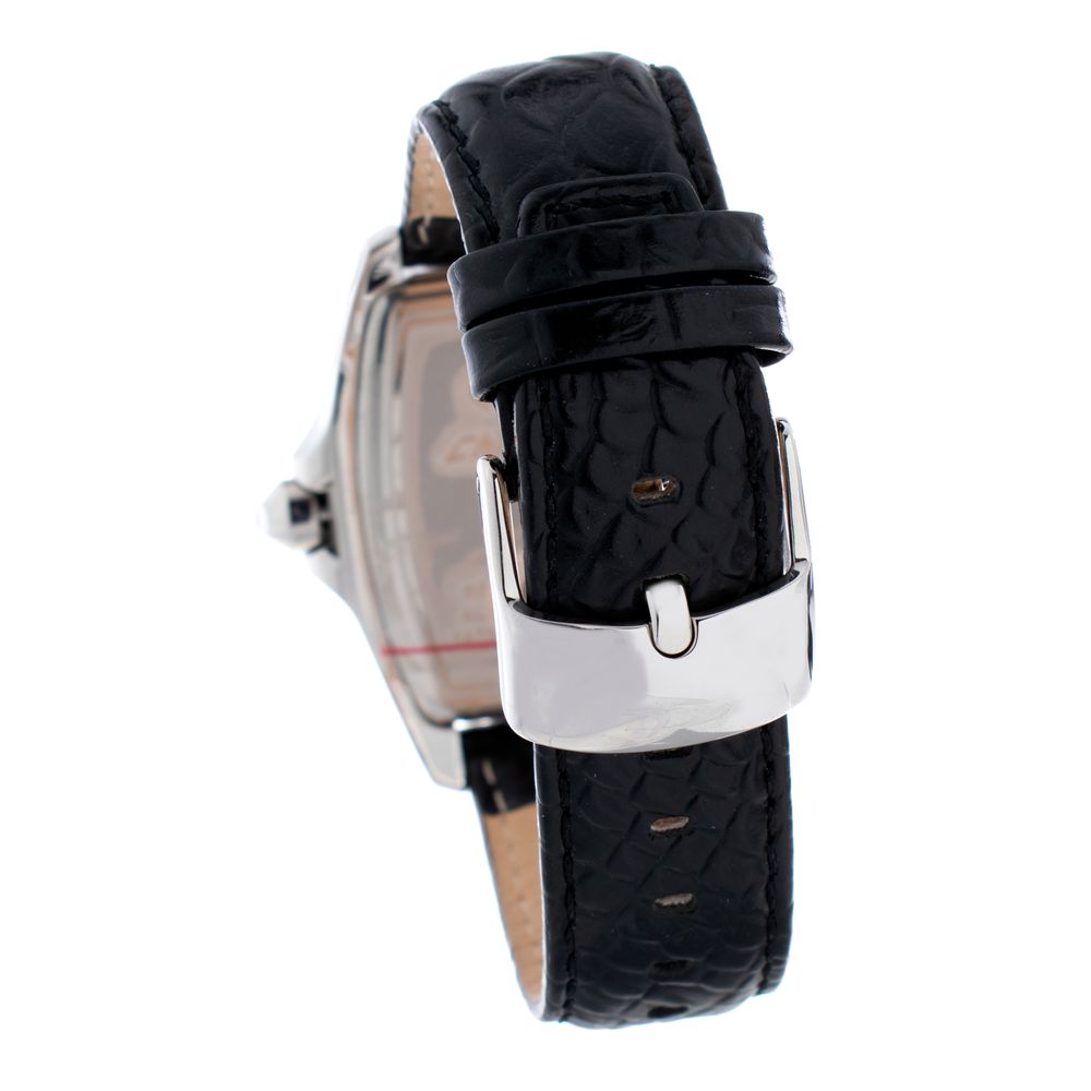 A black leather watch strap with a silver buckle