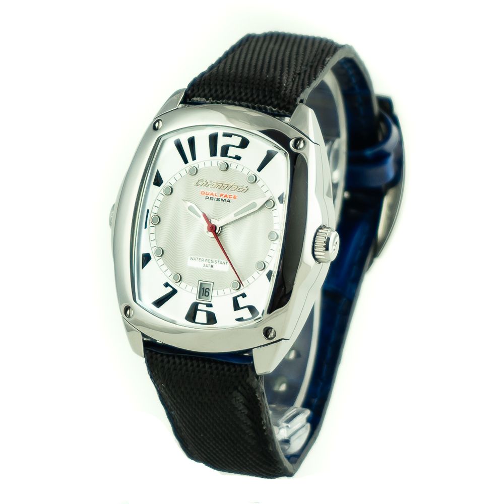 A black leather watch with white face and red hands