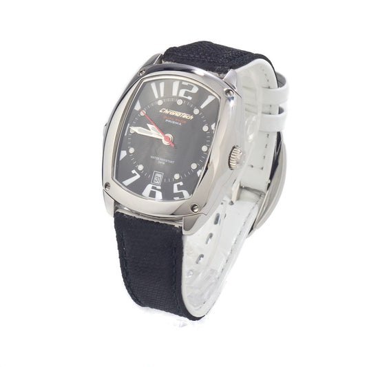A black leather watch with a silver face and white hands