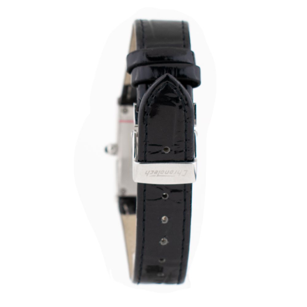 A black leather watch with a silver buckle