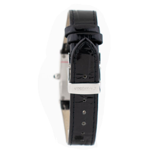 A black leather watch with a silver buckle