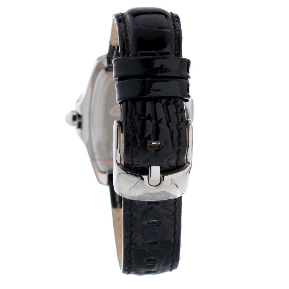 A black leather watch strap with a silver buckle