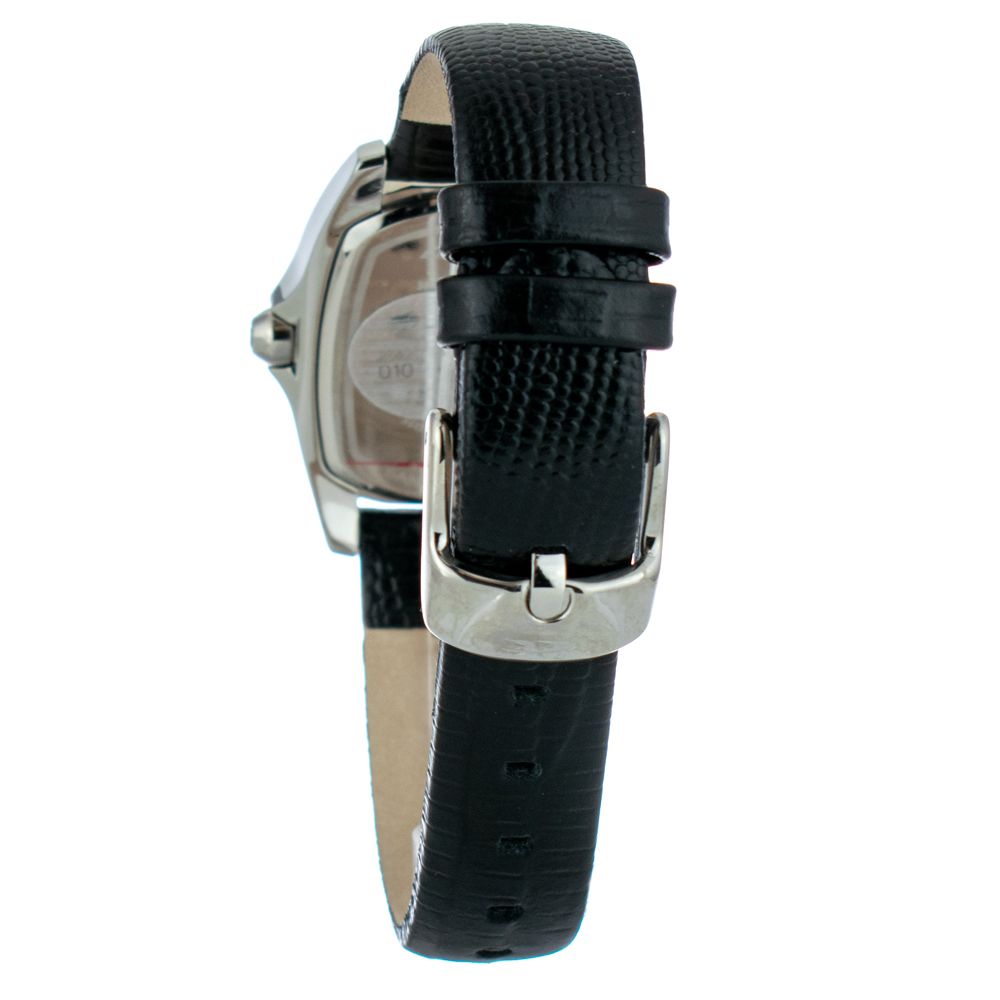 A black leather watch strap with a silver buckle