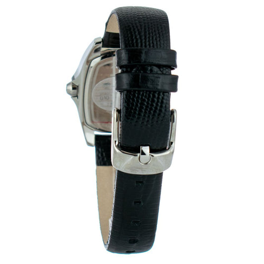 A black leather watch strap with a silver buckle
