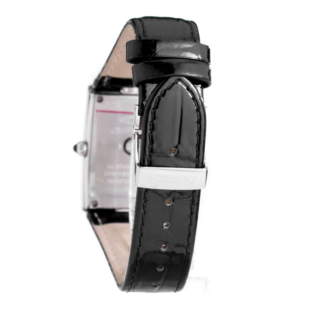 A black leather watch strap with a silver buckle, featuring a pinkish hue on the underside
