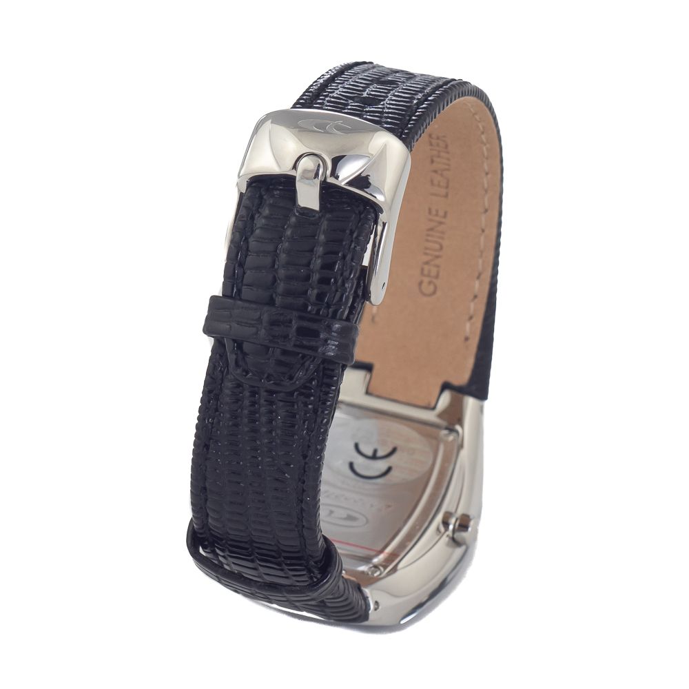 A black leather watch strap with a silver buckle, featuring a unique design on the clasp