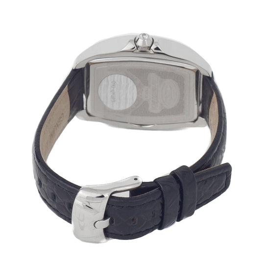 A black leather watch strap with a silver buckle, featuring a chronograph function