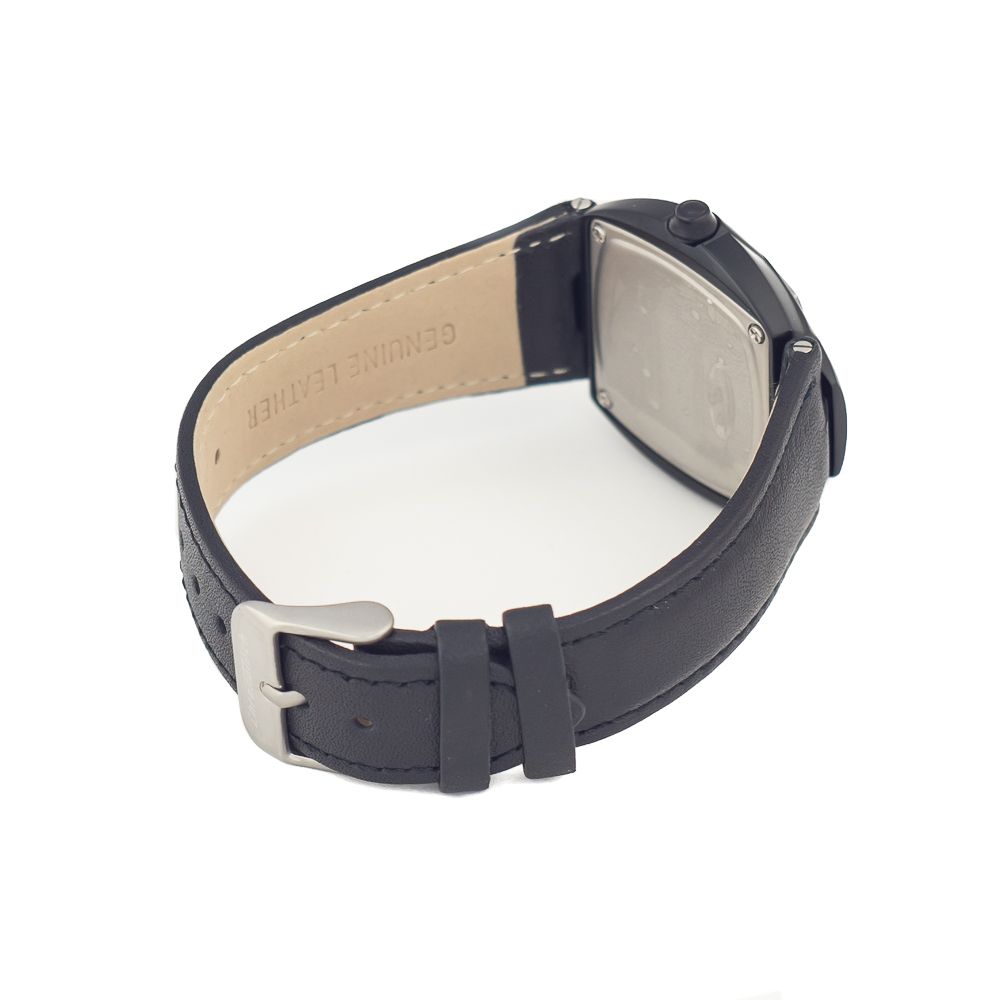 A black leather watch strap with silver buckle