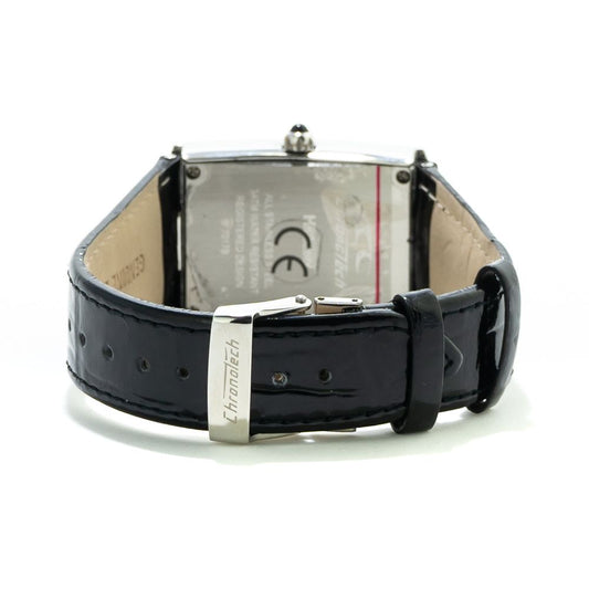 A black leather watch with a silver buckle and face, featuring a chronograph function