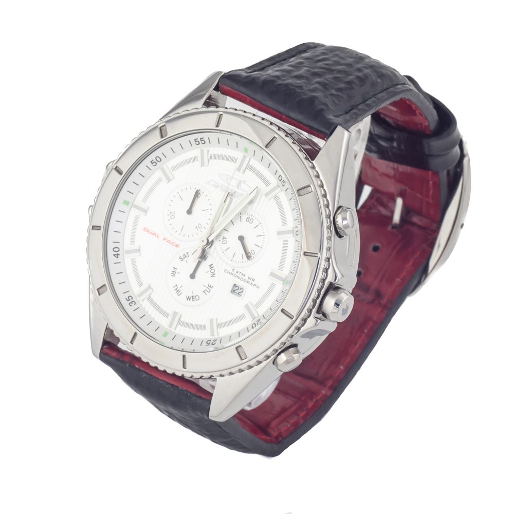Red and black leather watch with silver face and hands