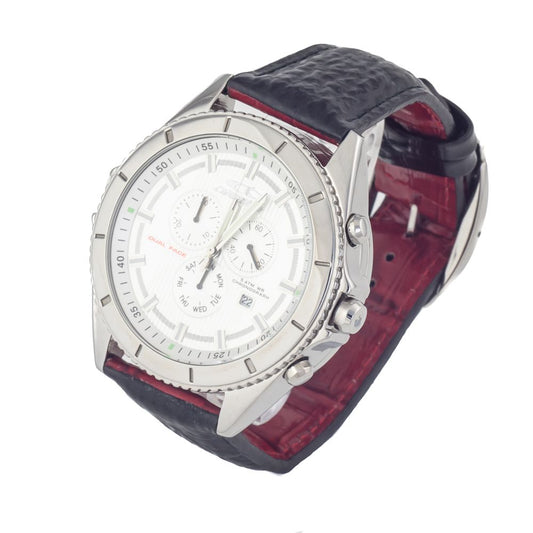 Red and black leather watch with silver face and hands