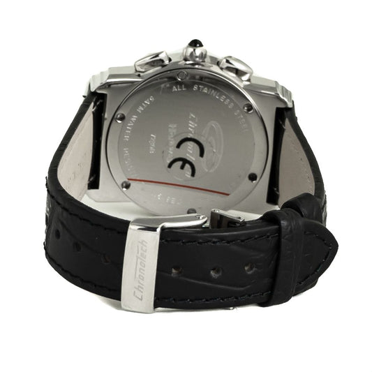 A black leather watch with silver face and hands