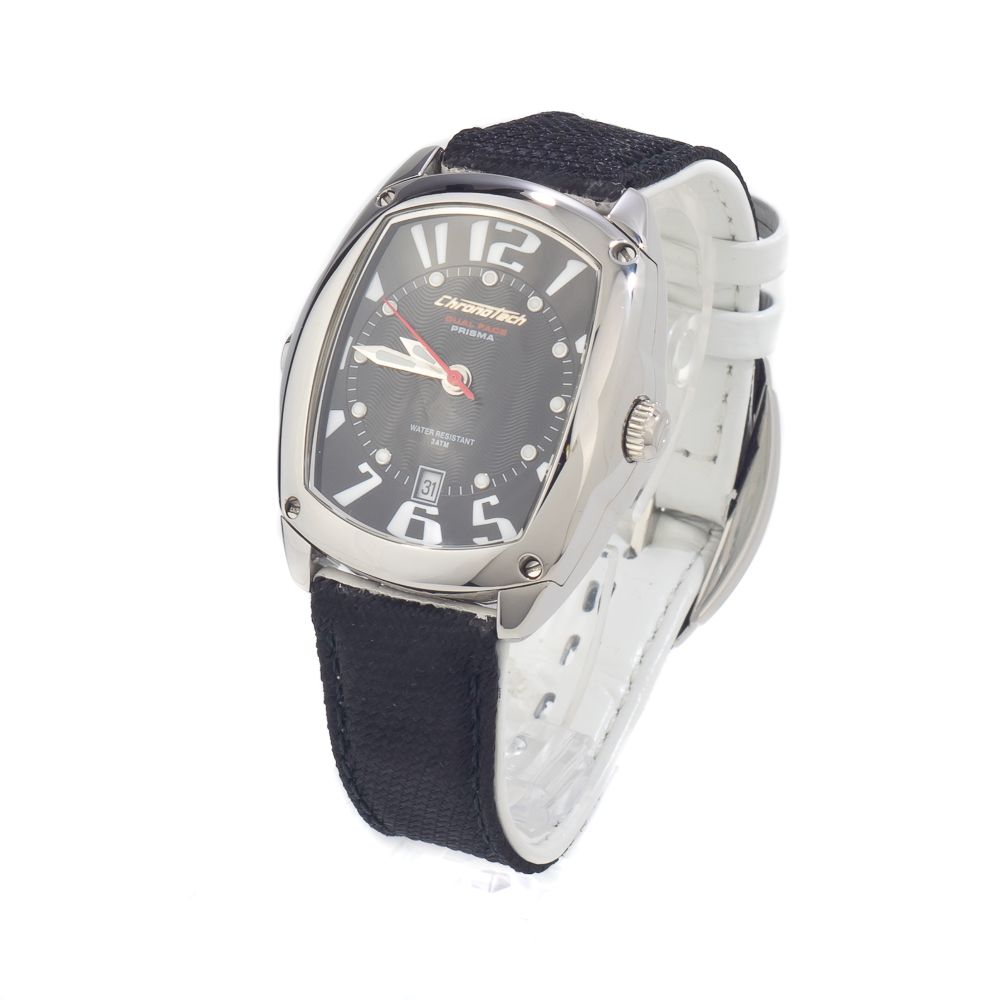A black leather watch with a silver face and white hands