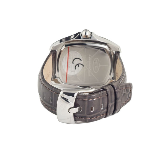 A black leather watch with a silver face and white markings, featuring a chronograph function