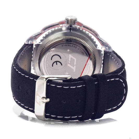 A black leather watch with a silver buckle and face, featuring chronograph functions