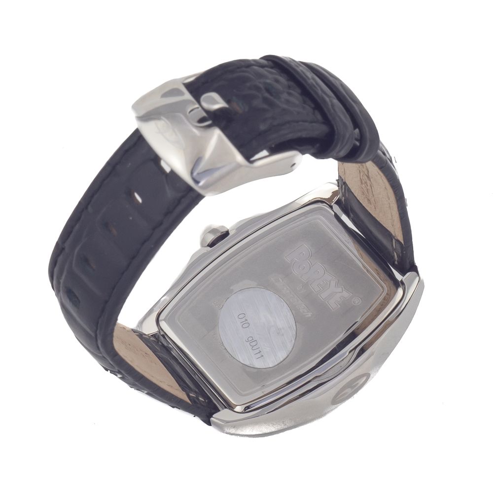A black leather watch with silver face and hands