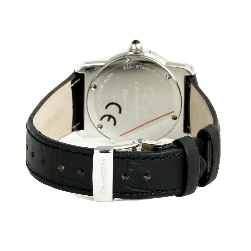 A black leather watch with a white face and red second hand